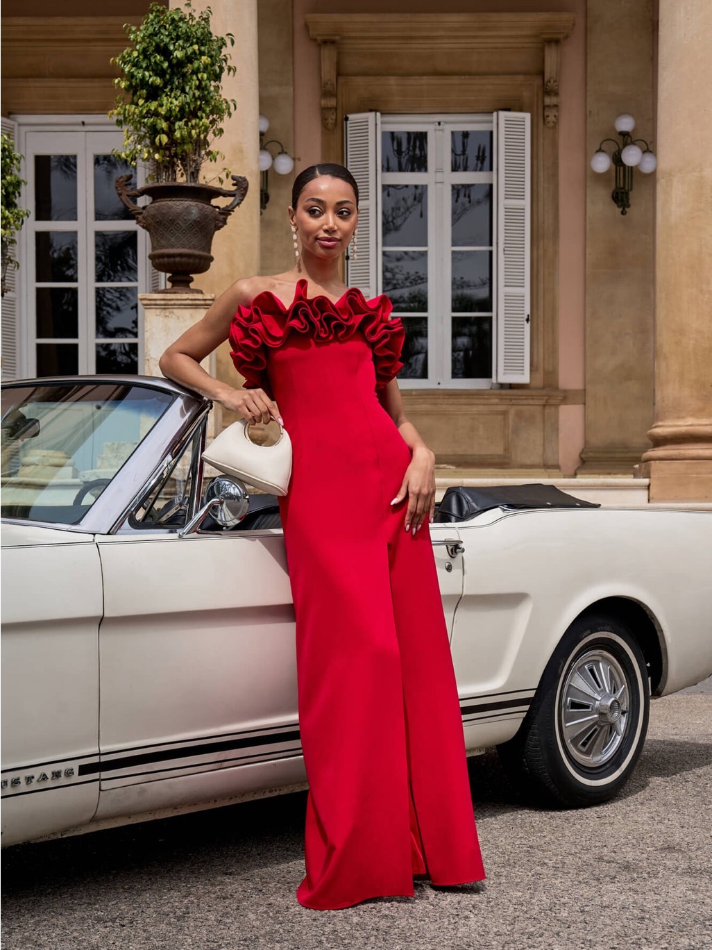 Miphai Vittoria Red Strapless Ruffle Maxi Dress Slit Formal